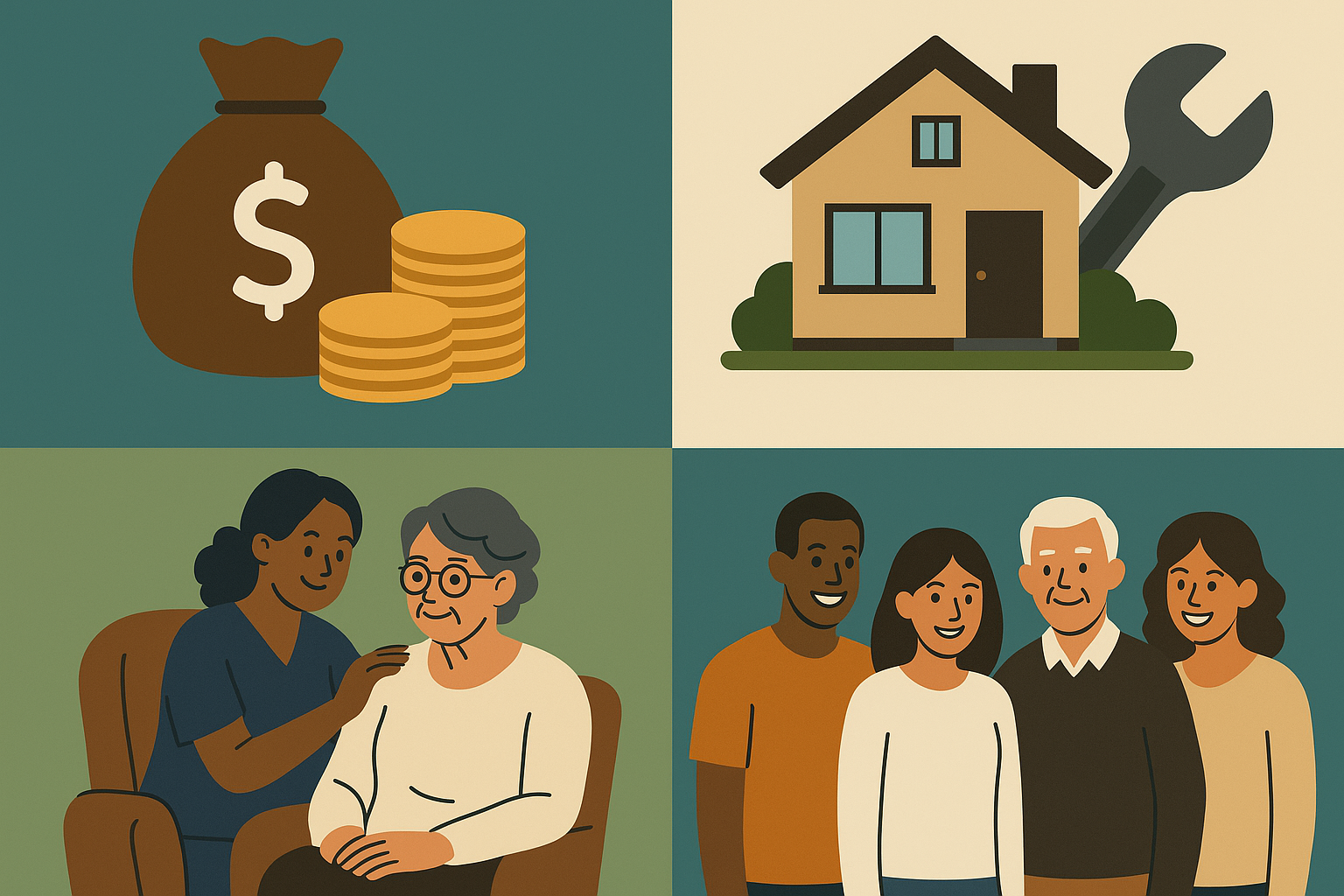 Illustration representing aging in place — showing money, home improvement, in-home care, and social connection.