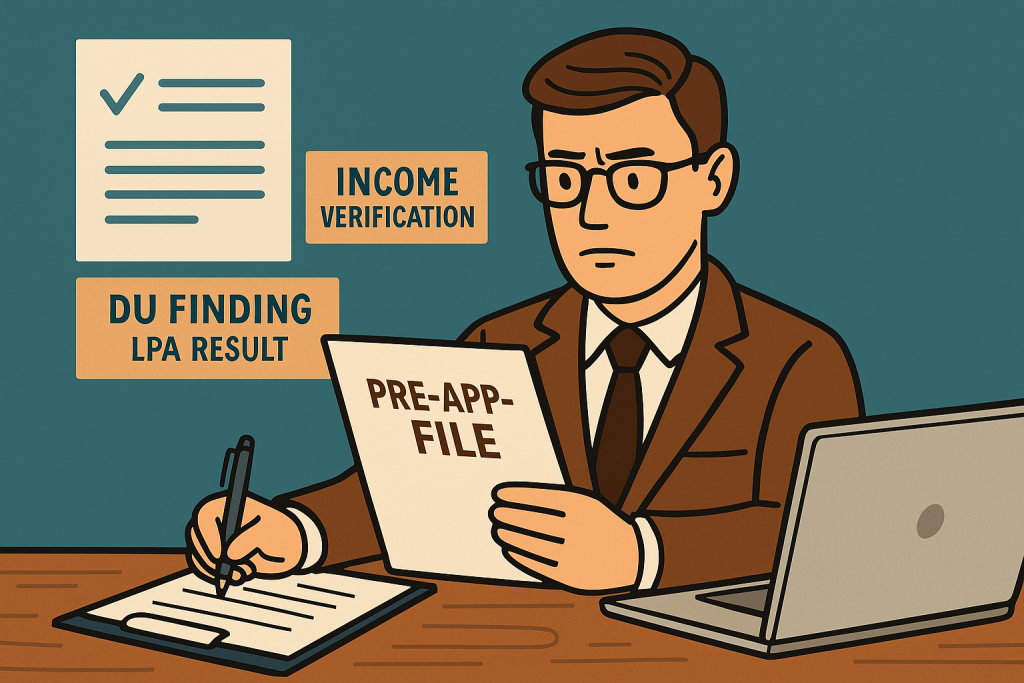 Loan officer reviewing DU and LPA findings during a mortgage pre-approval process at a professional desk with documents and computer.