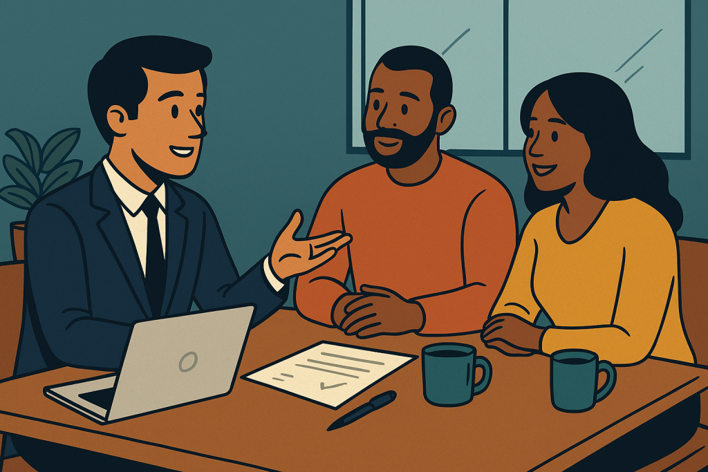 Real estate agent meeting with clients to discuss key pre-approval questions in a warm, professional office setting.