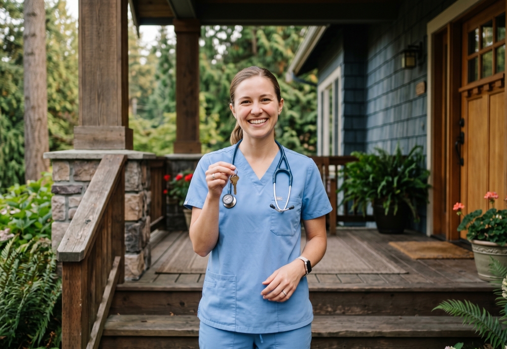 Physician in scrubs holding house keys on craftsman home porch after closing on doctor loans financing