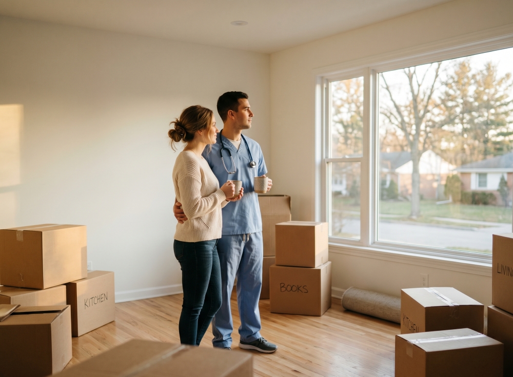 Young physician couple settling in after using doctor loans for residency relocation