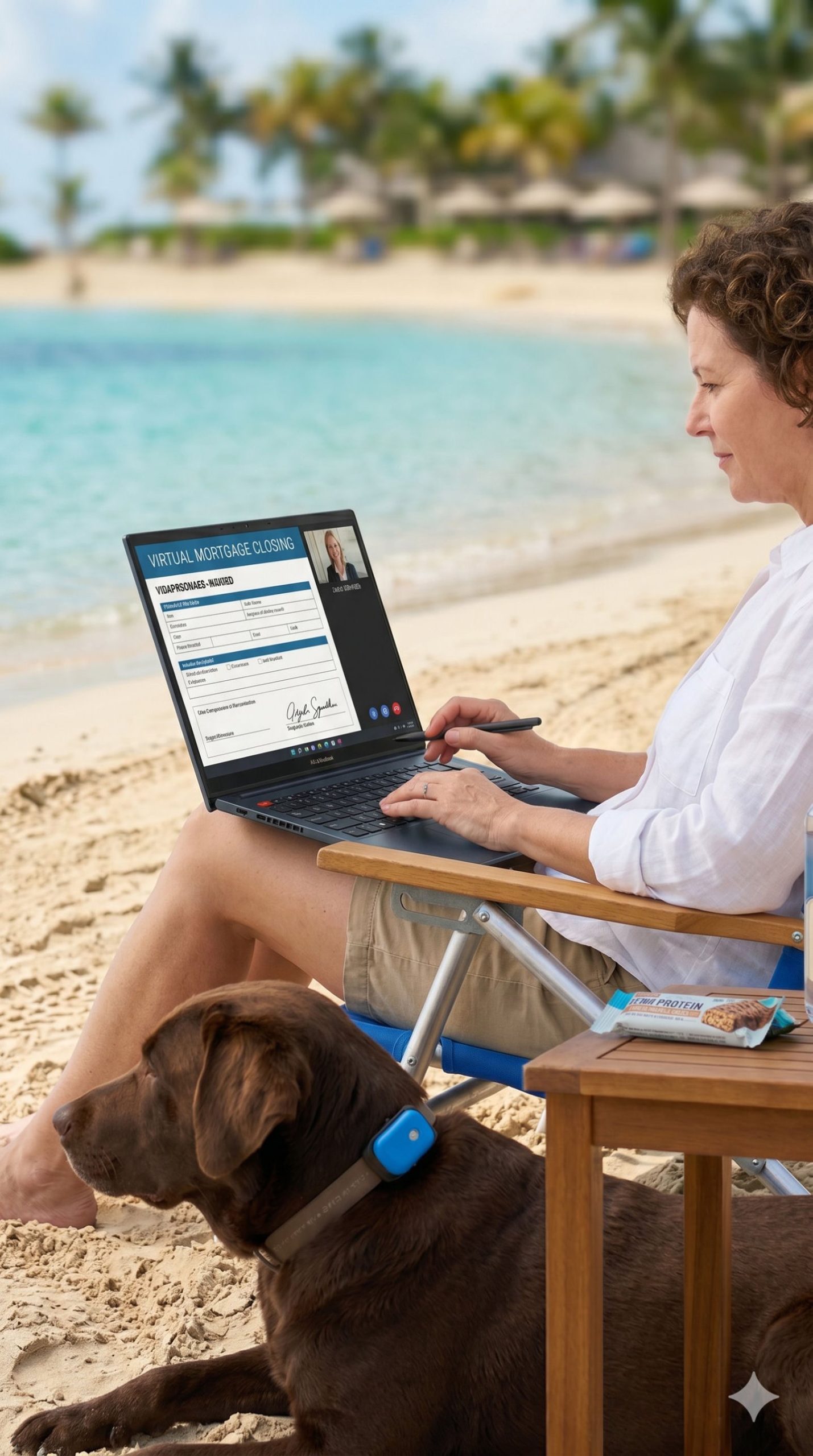 Woman signing a virtual mortgage closing on a laptop from a beach chair, dog at her feet