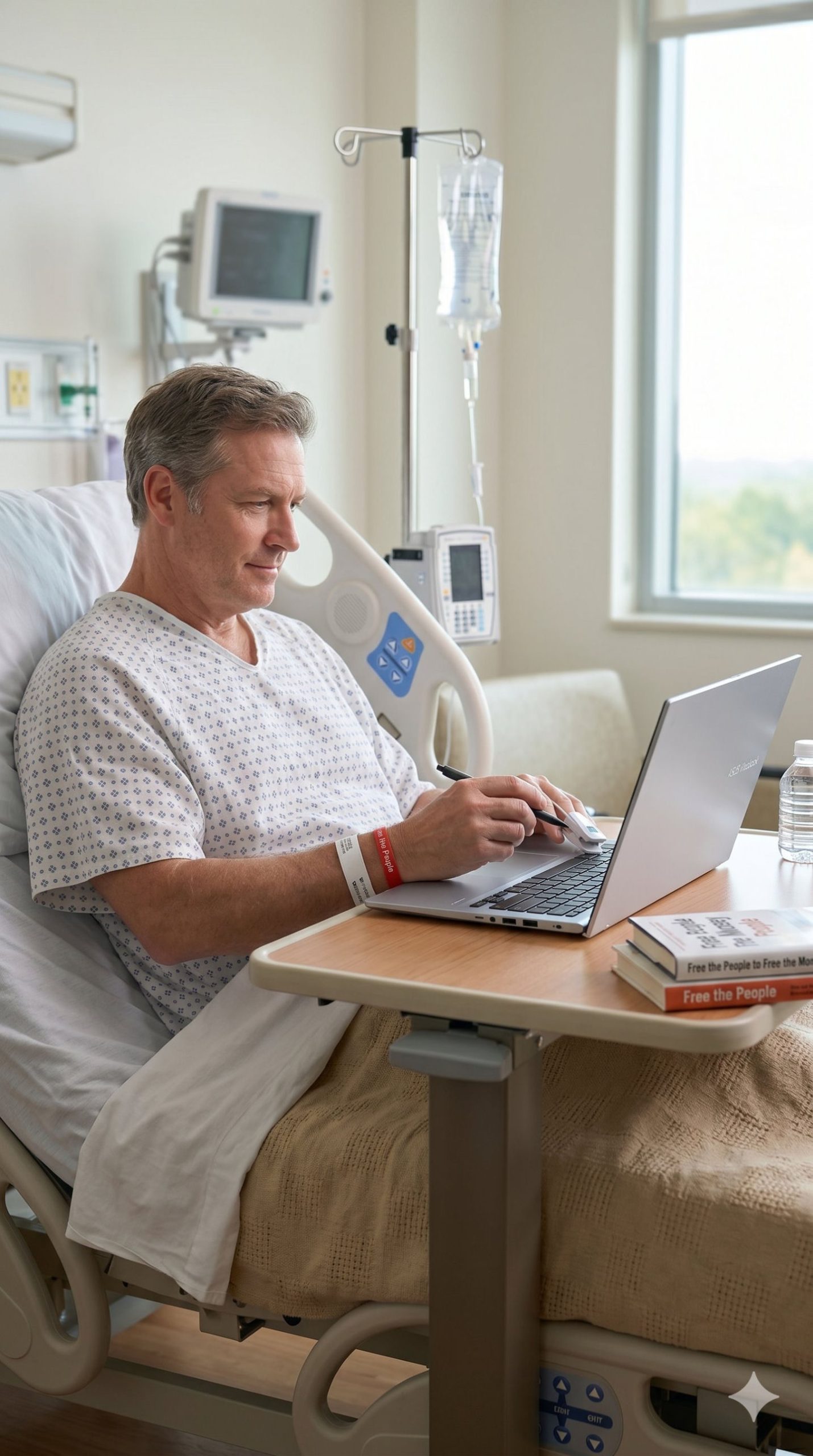 Man completing a virtual mortgage closing on a laptop from a hospital bed