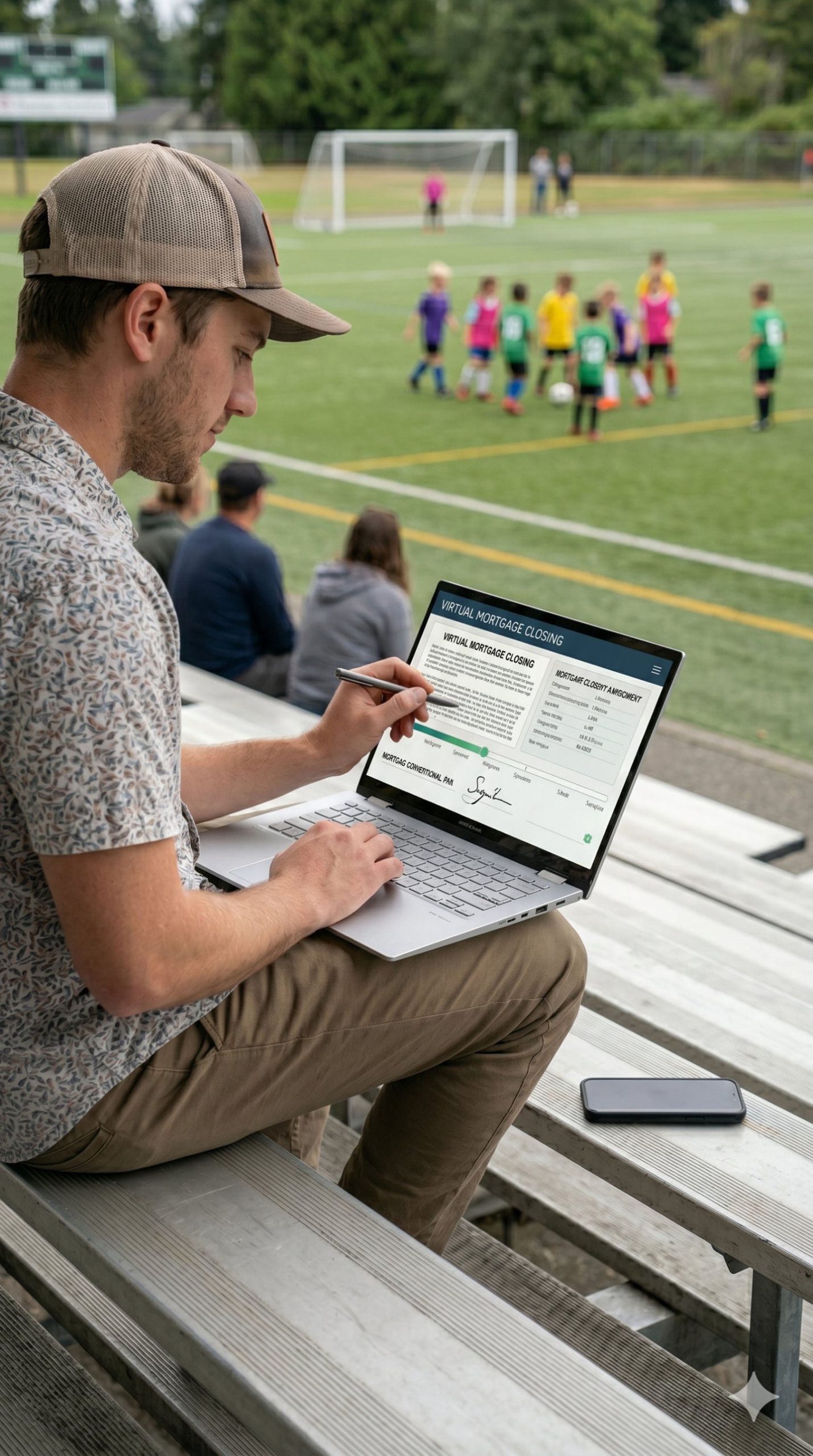Father attending a virtual mortgage closing on a laptop from the bleachers at his kid's soccer game