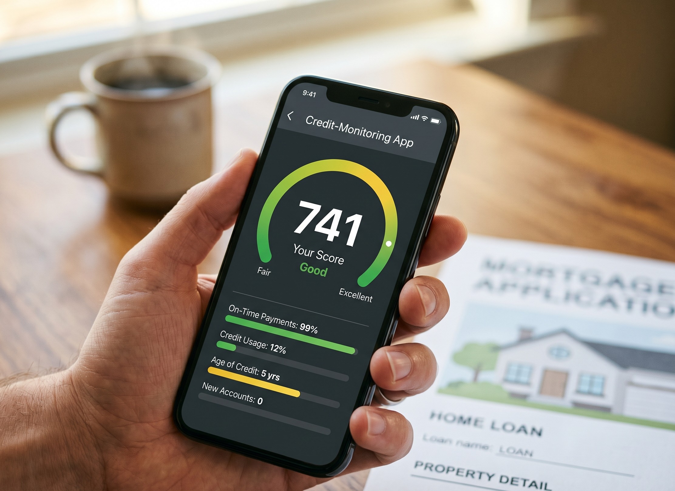 Smartphone displaying a 741 VantageScore credit score next to a mortgage application, illustrating why Credit Karma numbers now matter for home loans