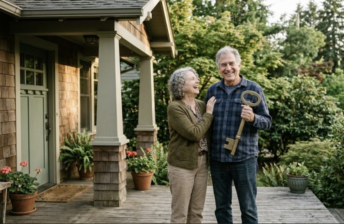 Retired couple laughing on the porch of their craftsman home holding an oversized brass key representing unlocking their reverse mortgage principal limit