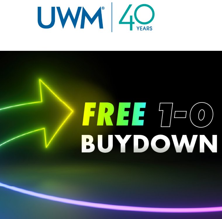 UWM Free 1-0 Buydown promotional graphic — bright neon arrow pointing at the words FREE 1-0 BUYDOWN on a dark background