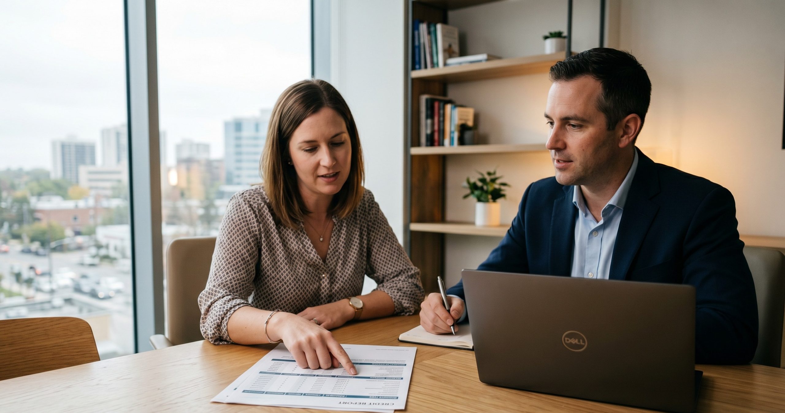 Mortgage broker reviewing a credit report with a client to compare VantageScore and FICO for a home loan