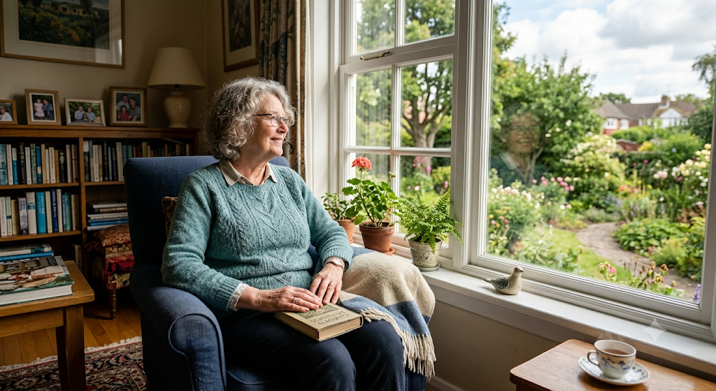 Senior woman sitting contentedly at home, reverse mortgage allows her to stay and give