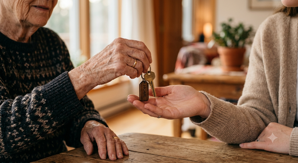 Older woman passing house key to daughter, HECM reverse mortgage down payment gift