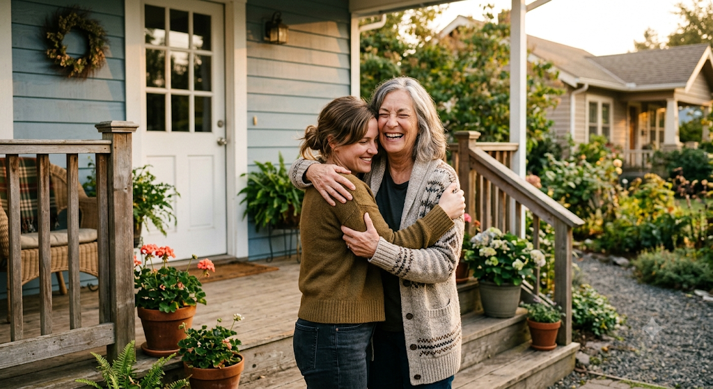 Mother and daughter embracing on front porch of new home, reverse mortgage gift
