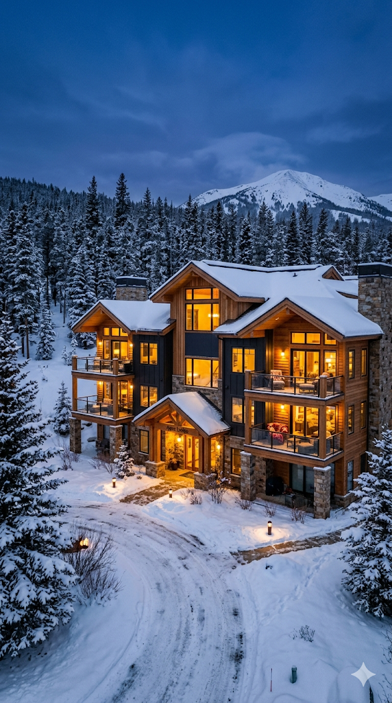 Condotel: a snowy ski-resort condo building at dusk in a Colorado mountain town