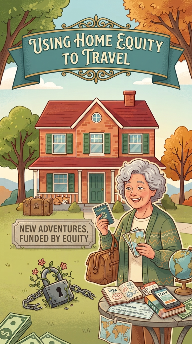 Retiree holding a passport and travel brochures, funding trips with home equity instead of portfolio withdrawals