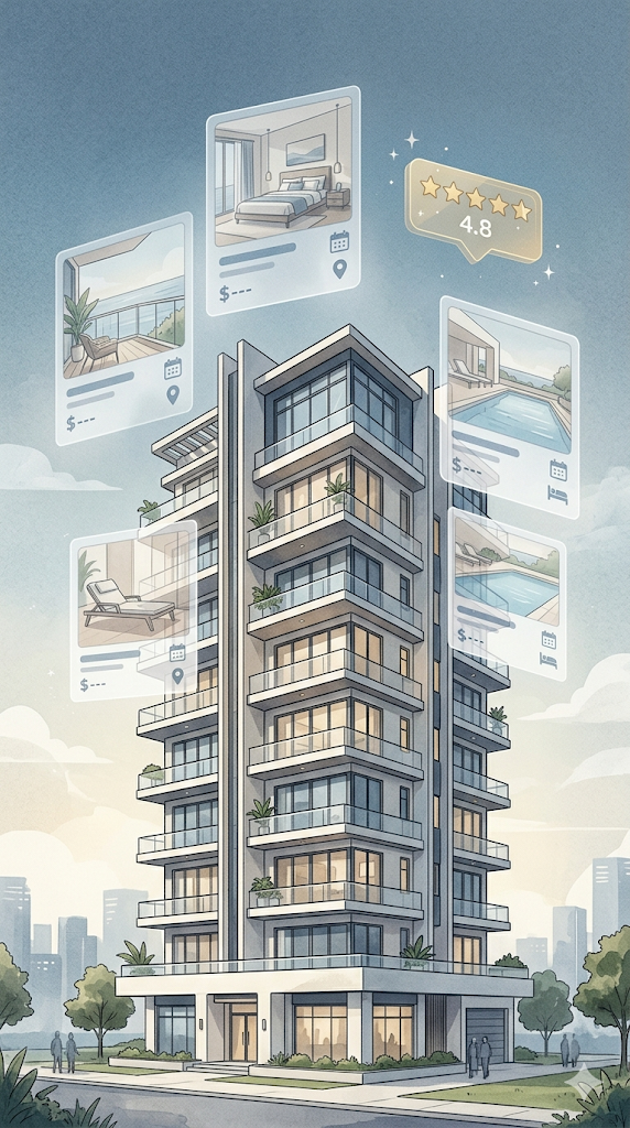 How a condo becomes a condotel: vacation-rental listings and a hotel star rating around a building
