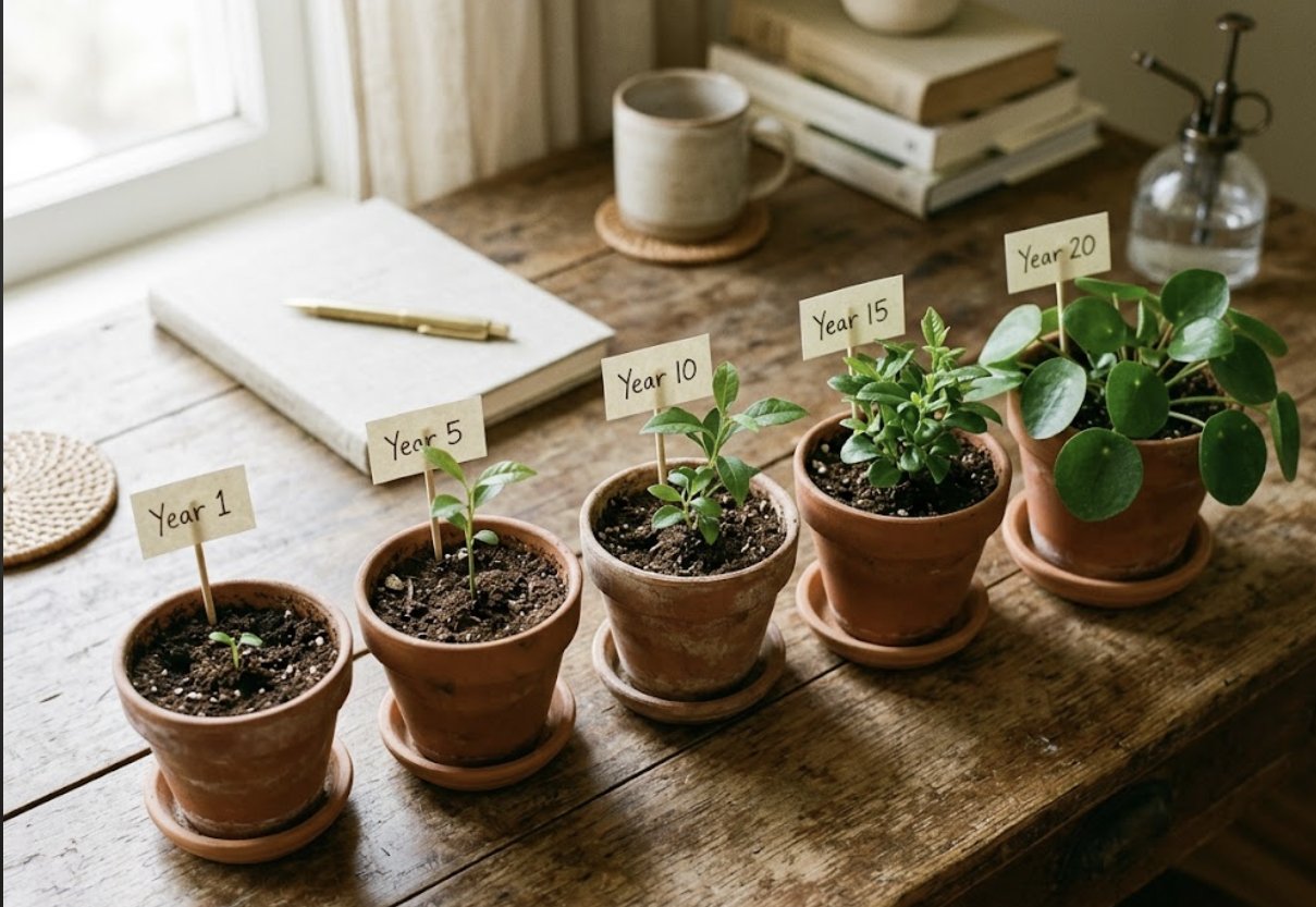 Row of potted plants growing progressively larger labeled Year 1 through Year 20, illustrating how an unused HECM line of credit grows over time