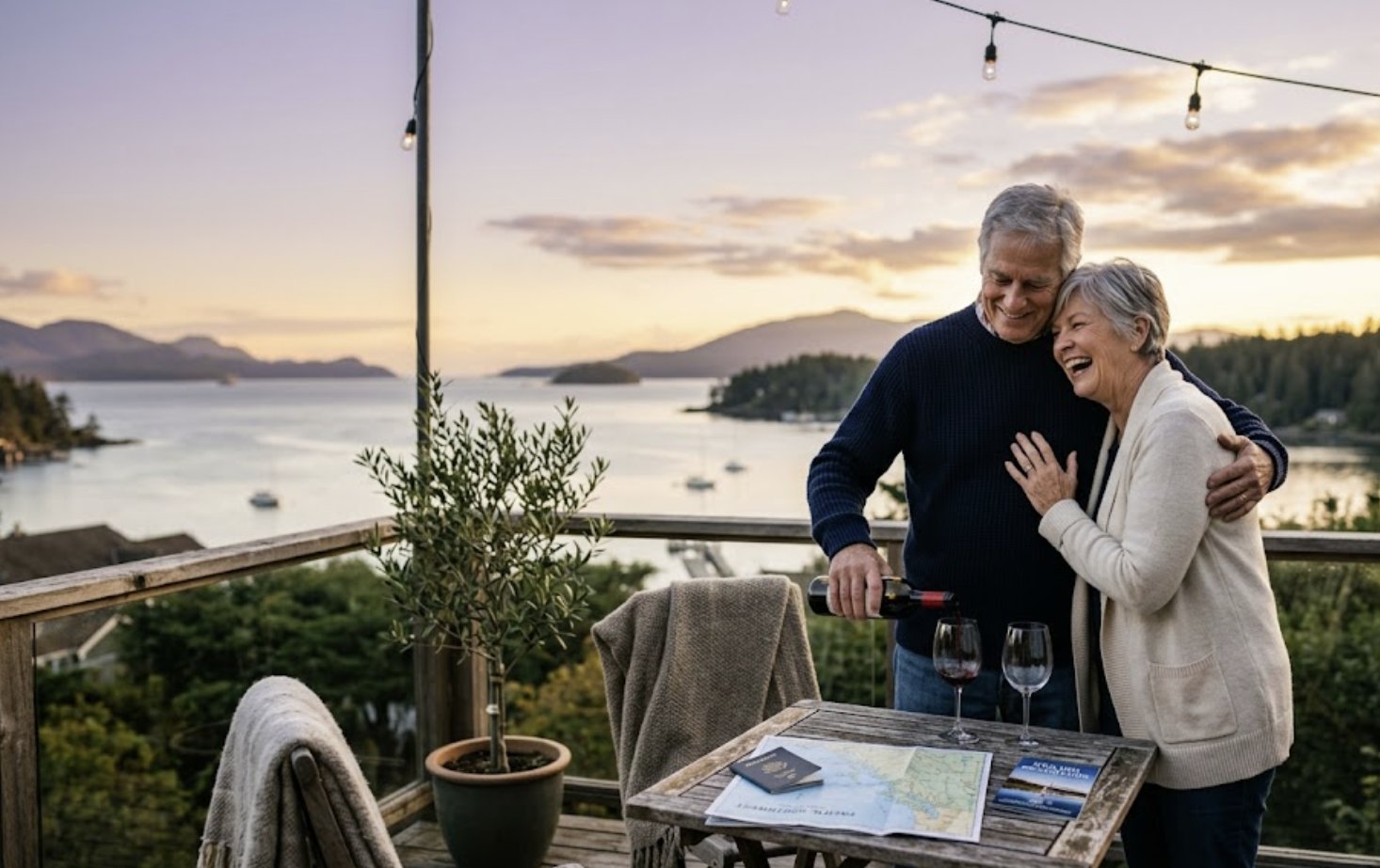 Retired couple toasting wine at sunset on a waterfront deck with travel maps and passports on the table, illustrating what clients do with reverse mortgage proceeds