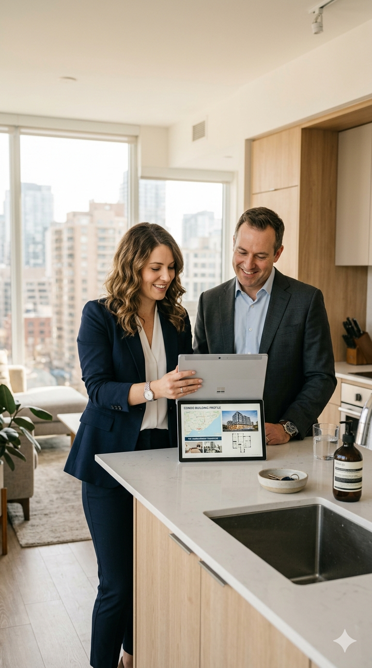 Mortgage broker comparing non-QM condo loan options at a desk