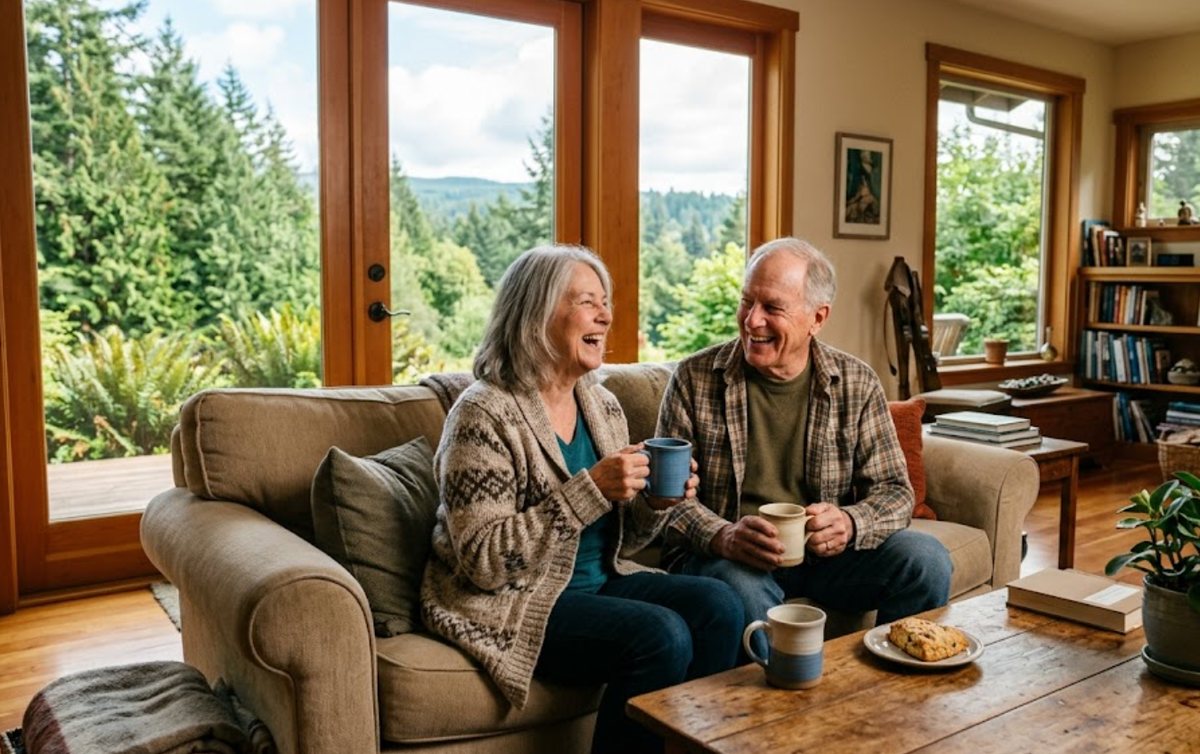 Reverse mortgage in Washington State: a senior couple enjoying coffee in their Pacific Northwest living room