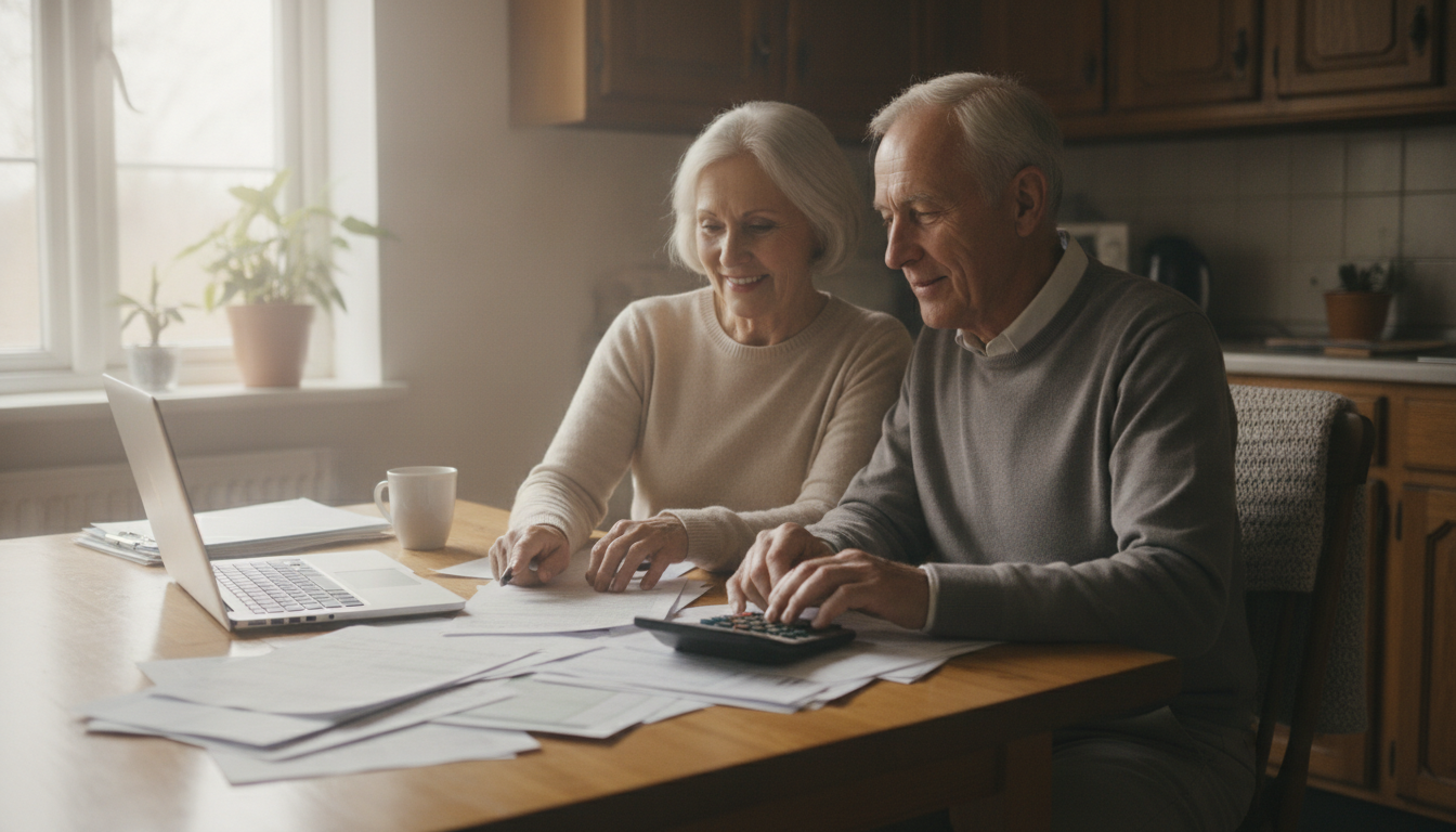 Retired couple reviewing reverse mortgage income requirements at their kitchen table
